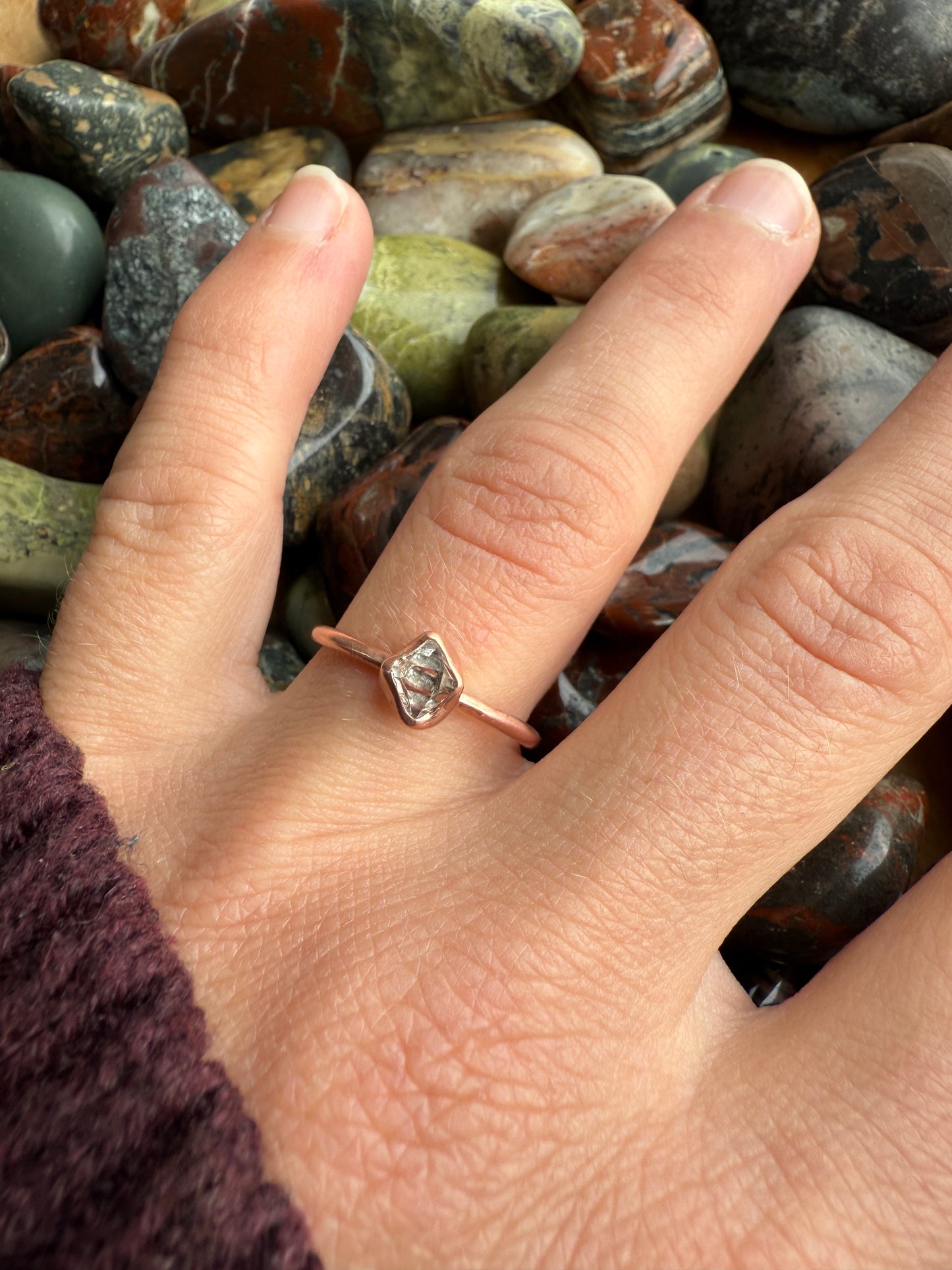 Hand Forged Solid Copper Herkimer Diamond Ring Size 8