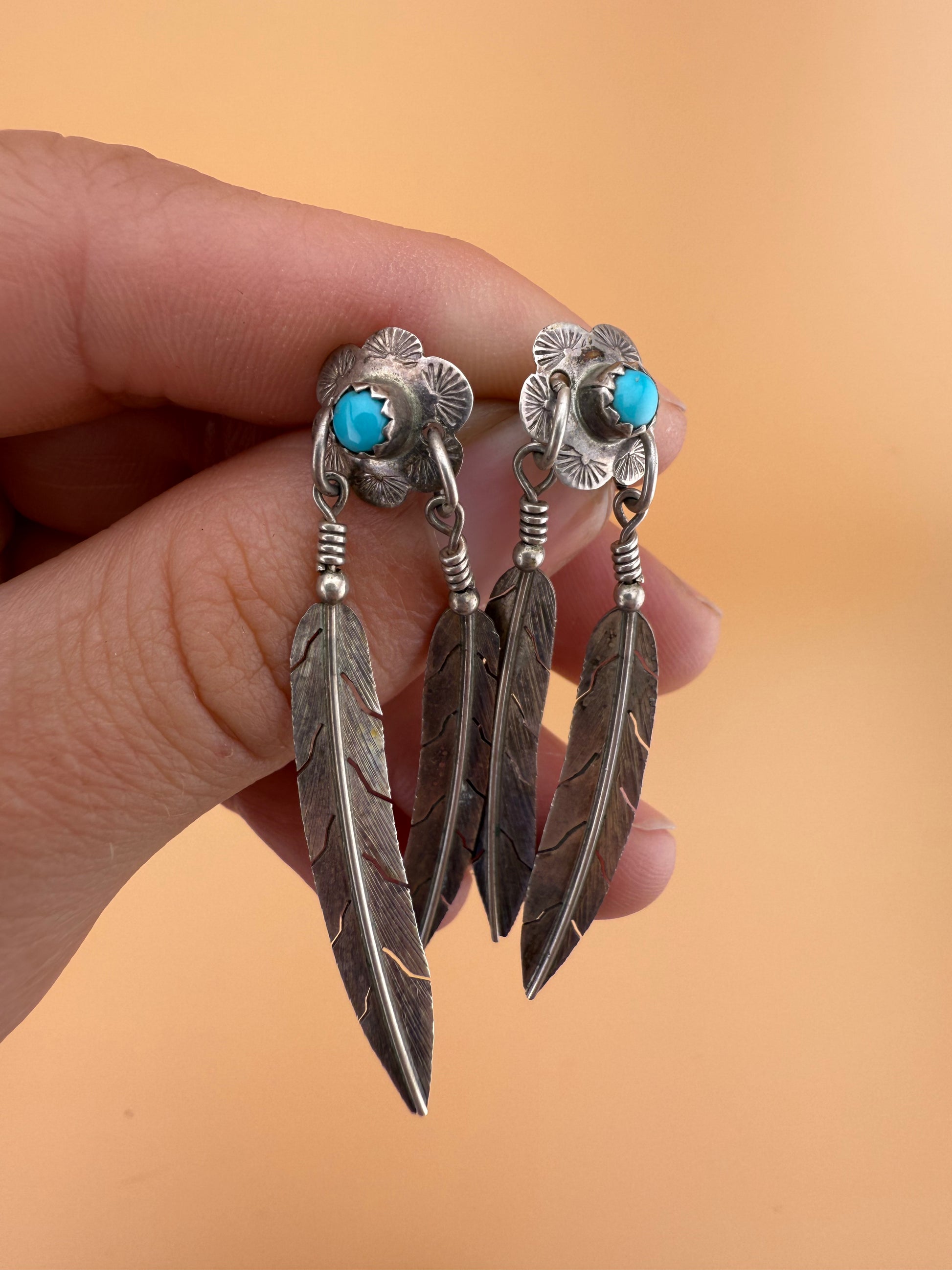 Vintage Navajo Sterling Silver Turquoise Dangle Feather Earrings